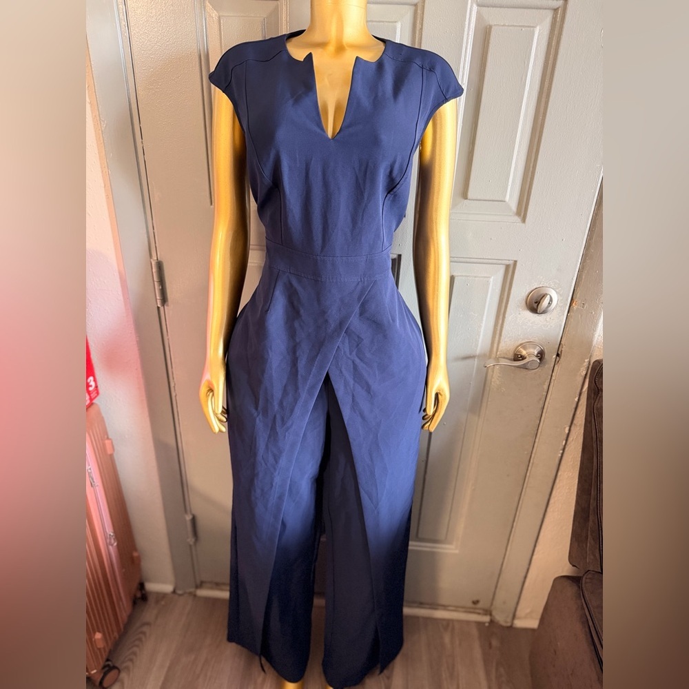 New York & Company Navy Cap-Sleeve V-Notch Jumpsuit